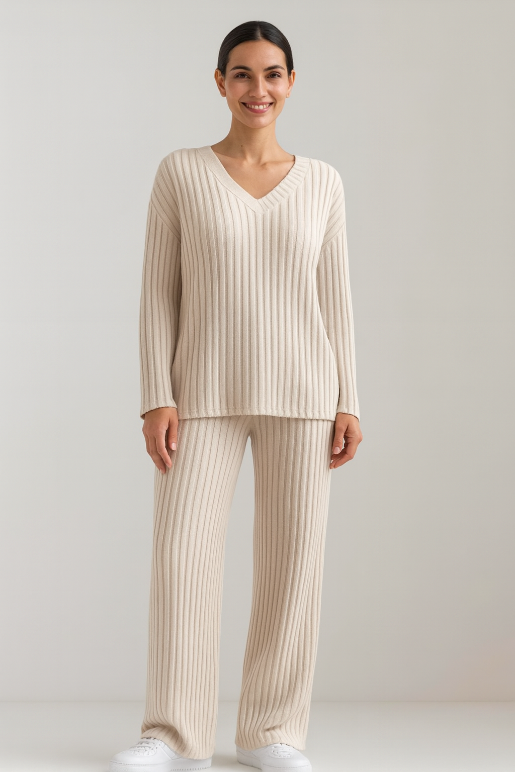 Ensemble Tailleur Femme Tricot Chic V-Neck et Pantalon Large