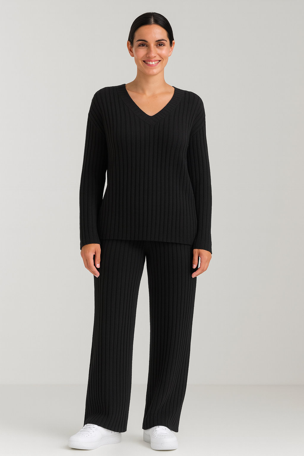 Ensemble Tailleur Femme Tricot Chic V-Neck et Pantalon Large