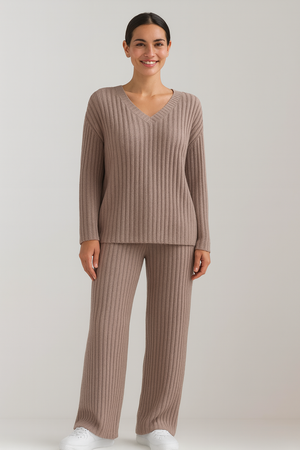 Ensemble Tailleur Femme Tricot Chic V-Neck et Pantalon Large