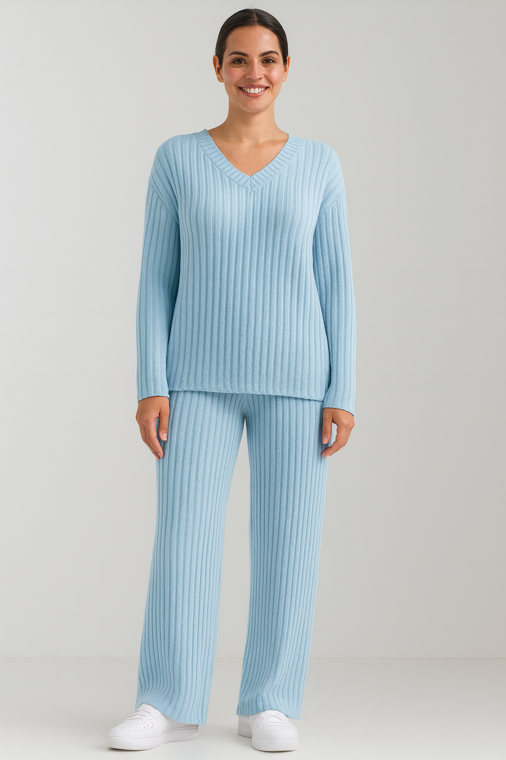 Ensemble Tailleur Femme Tricot Chic V-Neck et Pantalon Large