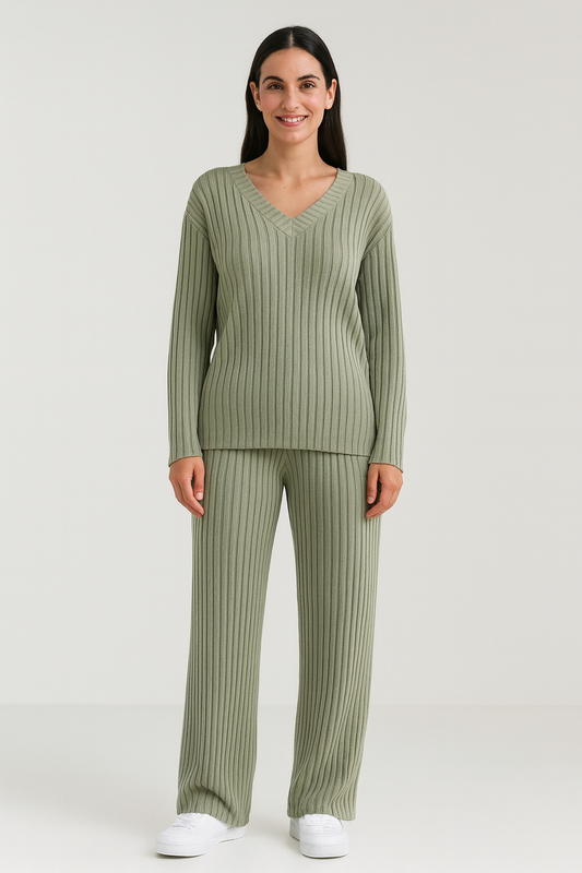 Ensemble Tailleur Femme Tricot Chic V-Neck et Pantalon Large